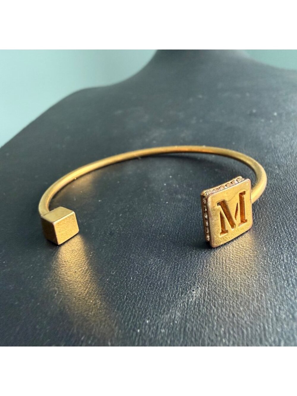C. Wonder Bangle Open Cuff Bracelet Inital M Crystals Gold Tone 2.5 inches